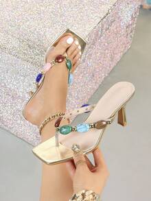 Sandales à talons hauts femme avec décoration de faux gemmes et style métallique, bout carré. , confortables, élégantes, haut de gamme. Conviennent pour les soirées formelles, les tenues décontractées. Talons hauts dorés, pour les tenues de printemps et d'été - Doré - Voir 1