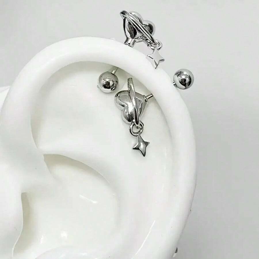 SENLANSP 1-2只Y2K风格心形耳环 - 闪亮星星和心形吊坠，不锈钢材质，情人节、母亲节、生日礼物，送给女友/妈妈/闺蜜，派对配饰 - 耳骨釘 - 查看 1