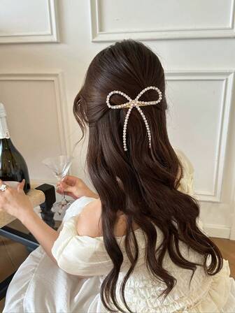 1 st pärl- och strassspänne med rosett och fjäderspänne för kvinnor, lämplig för vardagsfrisyrer, klor, hårklor, hårspännen, hårspännen, håraccessoarer