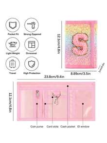 1个粉色字母刺绣钱包，时尚亮片钱包，帆布折叠零钱包，采用耐用涤纶面料，带拉链口袋和魔术贴封口，适合日常使用和节日送礼。 - 彩色 - 查看 5
