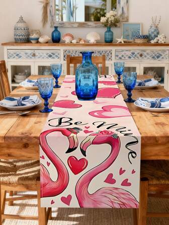 1pc 70.8" X 11.8" Polyester Flamingo & Heart Pattern Rectangular Table Runner, Seasonal Kitchen & Dining Table Decor, Suitable For Family Gatherings, Valentine's Day Parties, Candlelight Dinners, Center Piece Decorations, Proposals, Event Tablecloth