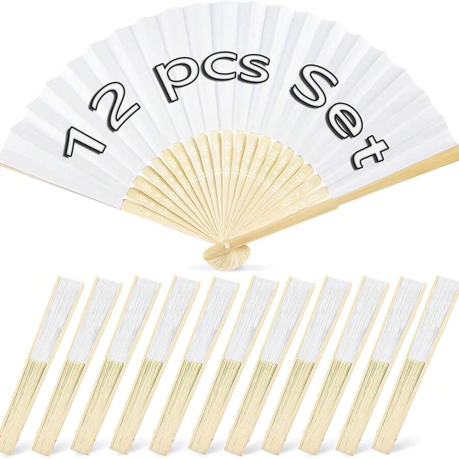 12-Pack Folding Paper Fans,Traditional Chinese Folding Fans, Folding Paper Fans, Small Cloth Fans, Retro-Style Folding Fans, Foldable Decorative Hand Fans, Handheld Chinese And Japanese Handicrafts, Suitable For Weddings, Proms, Party Gifts, DIY Decorations, Multi-Colored Folding Fans, Solid Color Fans, DIY Folding Fans, Party Decorations, Church Wedding Gifts. - 白色 - 查看 1