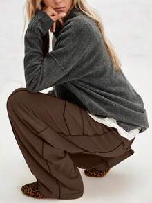 Women's Casual Cylinder Pants Wide Leg Casual Drawstring Sweatpants With Pockets - 咖啡棕 - 查看 5