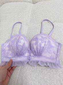 女士米色无缝蕾丝前扣聚拢文胸，无钢圈加厚衬垫，适合小胸，上托文胸，可调节内衣 - 淡紫色 - 查看 4