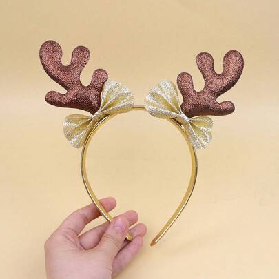 1个21厘米 x 17.5厘米闪光鹿角发箍，闪光鹿角设计，鹿角形状带蝴蝶结发饰，圣诞节鹿角发箍，适合庆祝活动
