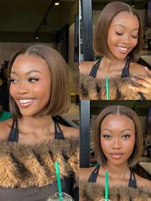 Tóc giả bob màu nâu nhạt, tóc thật, kiểu ren phía trước, đã tỉa sẵn, kích thước 13x4, mật độ 150, màu nâu sô cô la, tóc giả bob ngắn không cần keo, dài 16 inch. - S4 - Xem 7