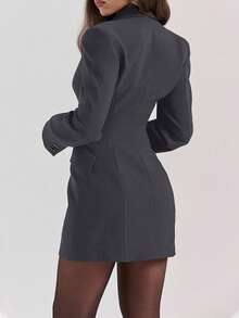 Women's Fashionable Black Long Sleeve Short Jacket, Pointed Collar, Front Button Details And Practical Pockets, Button V-Neck Pocket Long Sleeve Mini Dress Blazer