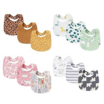 3件装婴儿围兜，柔软双层吸水，按扣设计 - 可爱动物和恐龙图案 - 适合新生儿至幼儿喂养、出牙及日常使用，舒适材质