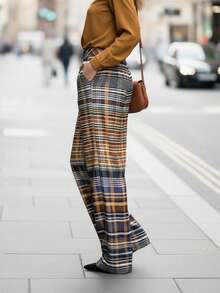Lightweight Brown Plaid Wide-Leg Trousers For Summer, With Pockets, Versatile For Everyday Wear And Commuting - Màu nâu  Mocha - Xem 7