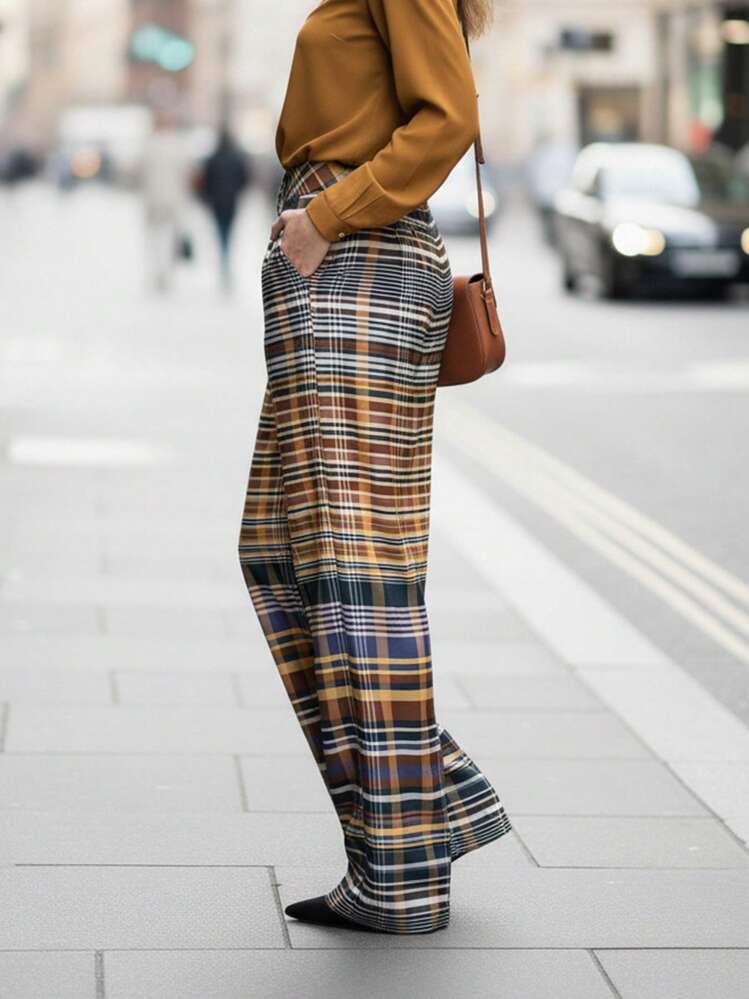 Lightweight Brown Plaid Wide-Leg Trousers For Summer, With Pockets, Versatile For Everyday Wear And Commuting - Mocha Brown - View 7