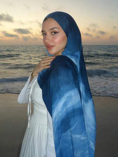 قطعة واحدة من الوشاح الأنيق للنساء بطبعة الحبر الأزرق البحري والرخام، وشاح كاجوال للاستخدام اليومي في الشارع، خريف