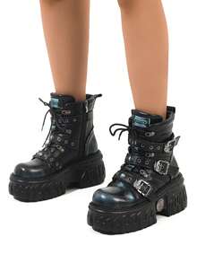 Autumn/Winter Gothic Cyberpunk Style Lace-Up Platform Boots, Retro Fashion Thick Sole Shoes For Women - Dark Blue - View 3