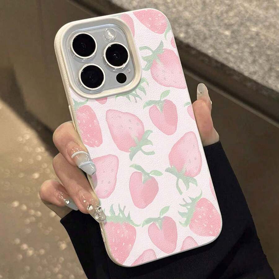 Funda para teléfono con diseño de fresas, compatible con teléfonos , 17, 16 Pro Max, 15 Pro Max, 13 y 12. Fabricada en TPU con textura de cuero, ofrece protección contra golpes y caídas. Un regalo ideal para familiares, amigos, amantes del verano, parejas, cumpleaños y cualquier persona que adore las fresas. - Blanco - Ver 1