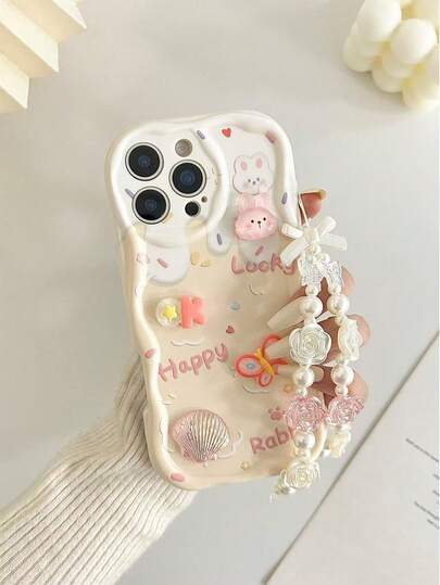 卡通手工装饰米色波浪印花保护壳，带链条，兼容 17/17 Pro/17 Pro Max、16/16 Pro Max、15、14、XR/7/8、15 Pro Max、13、14，P12 软壳，防摔，彩色彩绘，适用于 Redmi