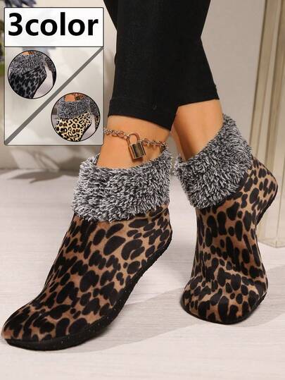 Women's Leopard Print House Socks -Fleece Lined, Warm Anti-Skid Bottom, Ideal For Home & Christmas Gift