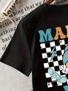 Young Boy Letter & Cartoon Face Print Round Neck Short Sleeve Casual T-Shirt - Black - View 6