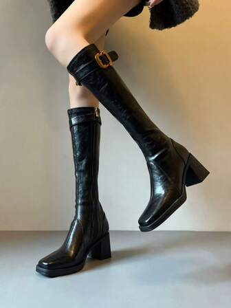 Square Toe Slim Fit Buckle Design High Heel Riding Boots, Bohemian Style, Autumn/Winter