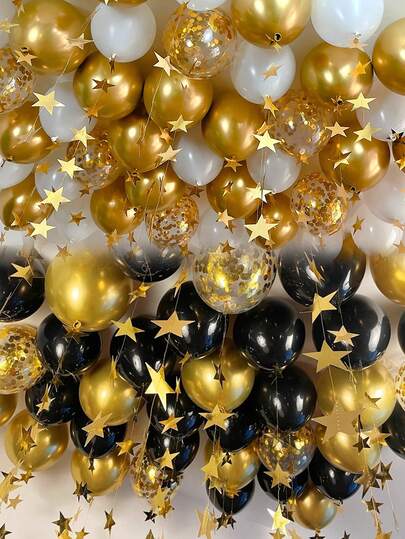 52pcs/Set New Year Party Ceiling Decor Gold Polka Dot Balloon Set, Gold Latex Balloon Decor Set, Home Party Atmosphere Hanging Balloon Set, Birthday Atmosphere Ceiling Star Garland Decor Set, Holiday Party Atmosphere Decor Set