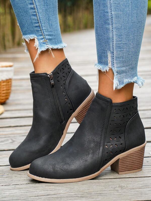 Western Hollow Lace-Up Chunky Heel Ankle Boots, Outdoor Wear For Autumn/Winter