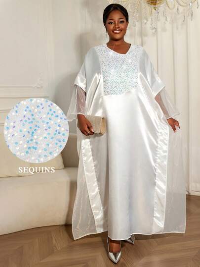 Plusstorlek Elegant Vit Afrikansk Klänning i Satin & Organza med Patchwork, Löst Slimmönster