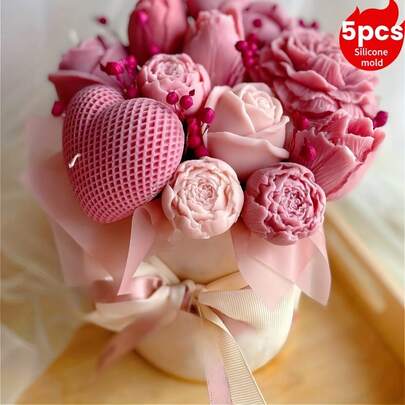 5pcs 3D Wax Candle Silicone Molds - Plaid Heart, Peony, Rose Bud, Rose & Tulip Resin Molds For DIY Home Decor | Lovely Housewarming Gift | Aesthetic Home Accessories, Suitable For Valentine's Day, Birthday, Mother's Day, Wedding, Christmas, Easter