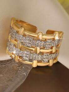 1pc Luxury Dual-Tone Hollow Knitted Couple Wedding Ring, Fashion Geometric Cubic Zirconia Copper Ring, Women's Birthday, Date, Engagement, Christmas Gift - Yellow Gold - View 5