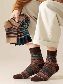 5 Pairs Vintage Crew Socks, American Fashion Patterned Socks, Random Assortment, Autumn/Winter