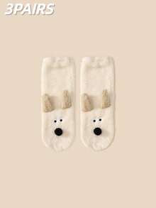 1/2/3双装冬季蓬松保暖袜，防寒加厚，可爱卡通小狗图案，舒适中筒袜，居家地板袜，带保暖内衬