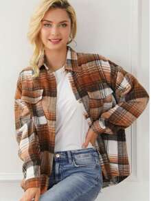 200g Retro Plaid Loose Flannel Shirt, American Casual Jacket, Lively Vibe, Casual Jacket, Cozy Knit Fabric - Brown - View 9