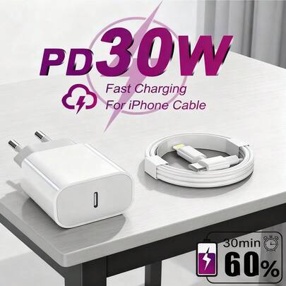 Carregador de Parede 30W PD, Porta USB-C, Adaptador Carregador Rápido Tipo-C PD3.0 + Cabo de Carregamento PD, Compatível com 14 Pro Max/14 Pro/14 Plus/14/13/12/11/XS/XR/8/7/6, Série iPad, Smartphones, Adequado para Viagem, Escritório, Dormitório e Casa