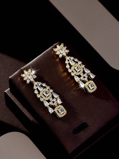 1 Pair Luxury Cubic Zirconia Rhombus Stud Earrings, Suitable For Women's Wedding Wear