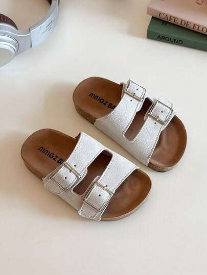 1 Pair Kids' Casual Dual-Metal Buckle Decor Faux Suede + Soft Cork Bottom Comfortable Non-Slip Open Toe Dual Strap Flat Sandals, Suitable For Summer Daily/Beach