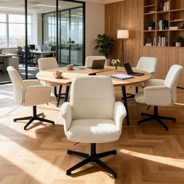Meubles Cosy Set mit 6 modernen weißen Bürostühlen mit geschwungener Rückenlehne, Bugholzgestell, höhenverstellbar, 360° drehbar, gepolsterten Armlehnen, skandinavischem Stil, für Zuhause oder Büro, 62,5 x 59,5 x 81–93 cm