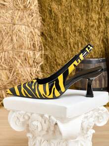 女士尖头小猫跟凉鞋，弹性包头凉鞋，适合工作场合，舒适耐穿的休闲鞋，适合通勤、办公、四季穿着，随机印花格子图案，休闲、通勤、户外，仙女风面料拼接，假日、婚礼、派对、办公、户外、四季皆宜，斑马纹，派对，PU皮革，非尖头，假日、四季皆宜 - 黃色和黑色 - 查看 5