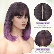 Lady Miranda Purple Bob Wig With Bangs Short Straight Ombre Wig Middle Part With Bangs Bob Hair Wigs Synthetic Grey To Purple Wigs For Women Daily Party Wig For Women{Inchcolor_nameinch:Inch1-GreyOmbrePurpleinch} - 1-灰紫色 - 查看 4