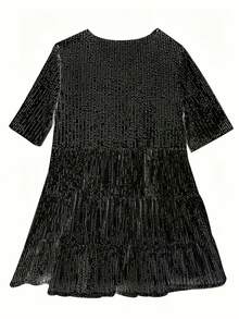 休闲宽松圆领亮片装饰女式连衣裙 黑色 夏季 优雅 - 黑色 - 查看 6