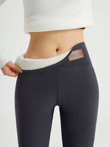 Women's Fleece Lined High Waist Leggings Winter Warm Thickened Stretchy Pants With Fashion Leather Label,Fleece Lined Leggings With Pockets - Warm High Waisted Yoga Pants For Winter Outdoor/Everyday,Warm Fleece Lined Leggings With Side Pockets - High Waisted Tummy Control Pants For Fall/Winter - 灰色 - 查看 1
