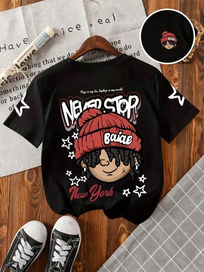 Cartoon Character & Slogan Print Round Neck Short Sleeve Casual T-Shirt For Boys