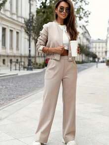 Conjunto de 2 piezas de chaqueta con botones y cuello y pantalones largos de unicolor elegante y casual para mujer, adecuado para la oficina, el transporte y el uso diario, conjunto de manga larga para primavera - Albaricoque - Ver 4