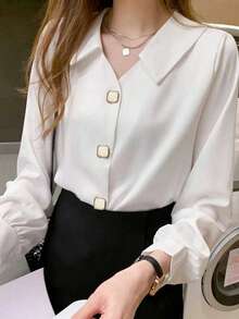 优雅长袖设计缎面衬衫，别致成熟港风 - 白色 - 查看 6