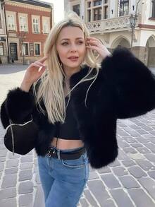 女式圆领宽松短款仿皮草时尚休闲夹克 - 黑色 - 查看 7