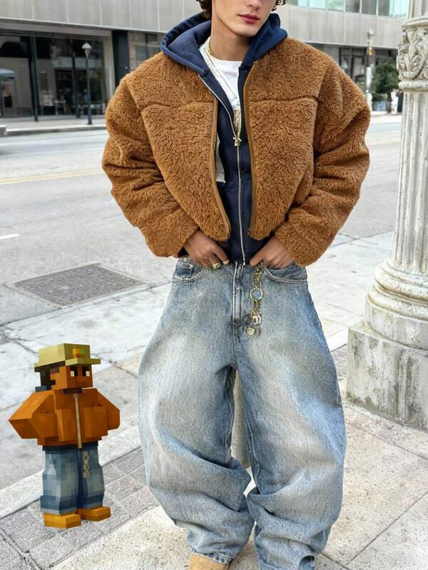 Chaqueta casual de estilo callejero con pelo sintético para adolescentes varones, chaqueta minimalista de estilo estadounidense corta, cálida y cómoda, adecuada para ir al trabajo, salidas de ocio, se puede usar como un cárdigan corto de frente abierto