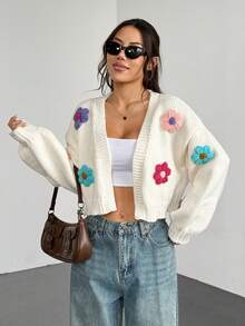 Women's Casual Floral Decor Long Sleeve Knitted Cardigan, Autumn/Winter