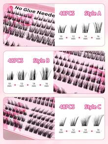144Pcs C Curl Self Adhesive Individual Cluster Lashes Fox Eye DIY Lash Extension Set Cat Eye Look Natural Press On Segmented Lashes No Glue Needed Spikes Eyelashes Extension - màu đen - Xem 6