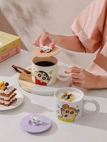 CRAYON SHINCHAN 蜡笔小新陶瓷马克杯带盖，牛奶咖啡杯，早餐杯，可爱设计多功能马克杯，耐用可重复使用水杯，适合盛装冷热饮品，适合作为生日和圣诞节礼物 - 彩色 - 查看 2