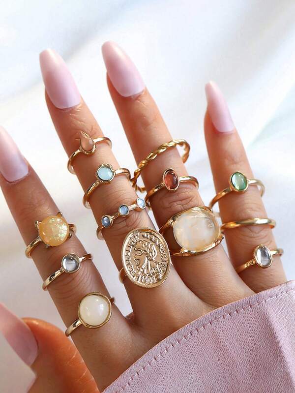 12 buc/set inele asortate în relief cu portrete de culoare barocă jeleu pentru femei