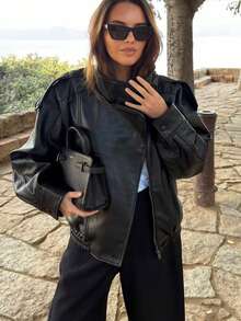 Áo khoác da nữ dáng rộng mùa thu đông, áo khoác mô tô thời trang đường phố, màu trơn với túi khóa kéo màu đen. - màu đen - Xem 6