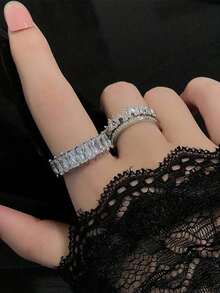 2pcs Y2K Style Copper Inlaid Asymmetric 5 Cubic Zirconia Rings Set, Daily Wear Women - Silver 3 - View 12