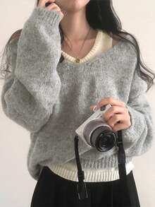 两件套春季休闲叠穿针织背心+柔软宽松长袖毛衣