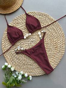 女士性感露背串珠比基尼套装，系带后背，高弹面料，酒红色 - 中紫紅色 - 查看 4